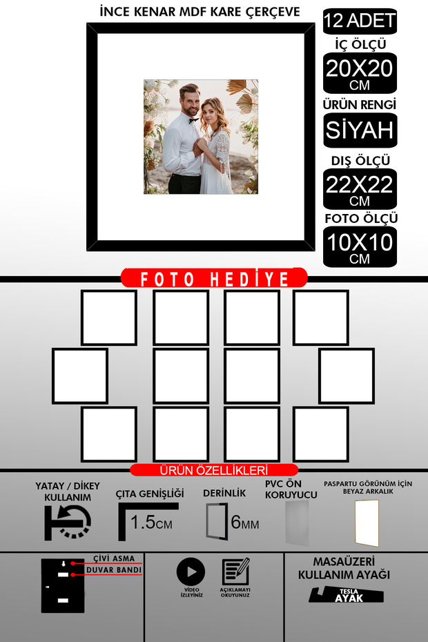 12 قطعة إطار 20x20 - إطار شرائح رفيع - إطار أسود - إطار مربع - إطار صور