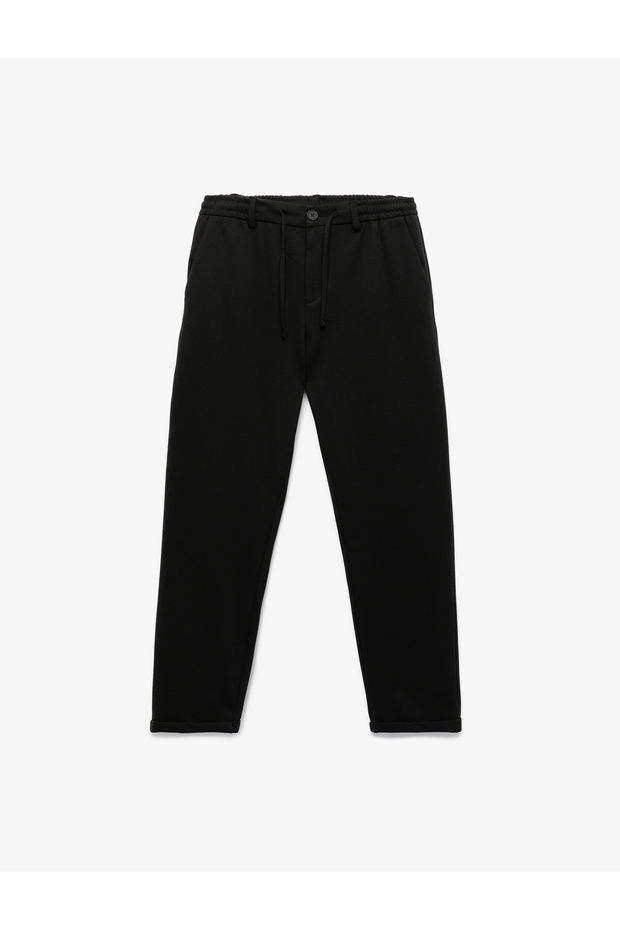 Buttoned Pique Fabric Double Leg Slim Fit Trousers with Lace-Up Waist and Pocket Detail