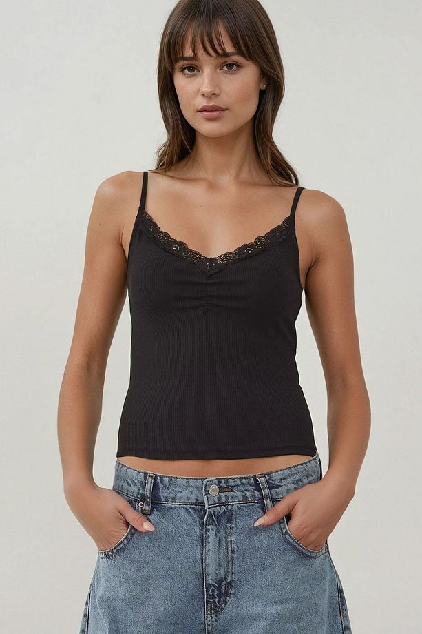 Dantel Şeritli Örme Askılı Slim Fit Üst - 1