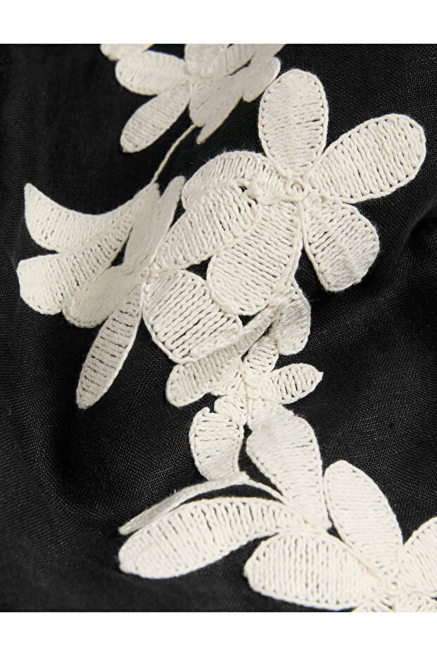 Saf Keten Nakışlı Mini Shift Elbise - 5