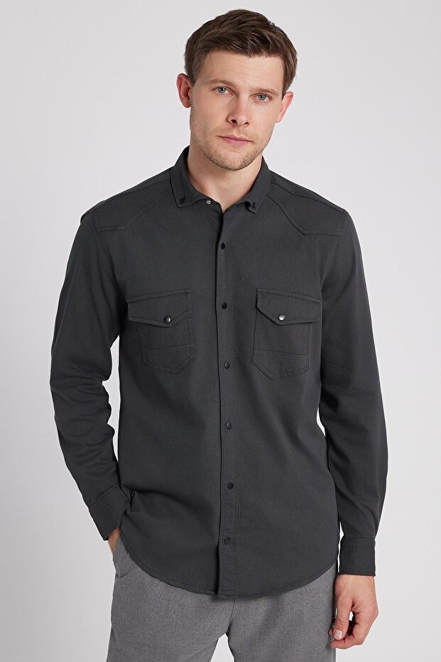 Men's Regular Fit Relaxed Fit Double Pocket Sports Collar Denim Khaki Shirt