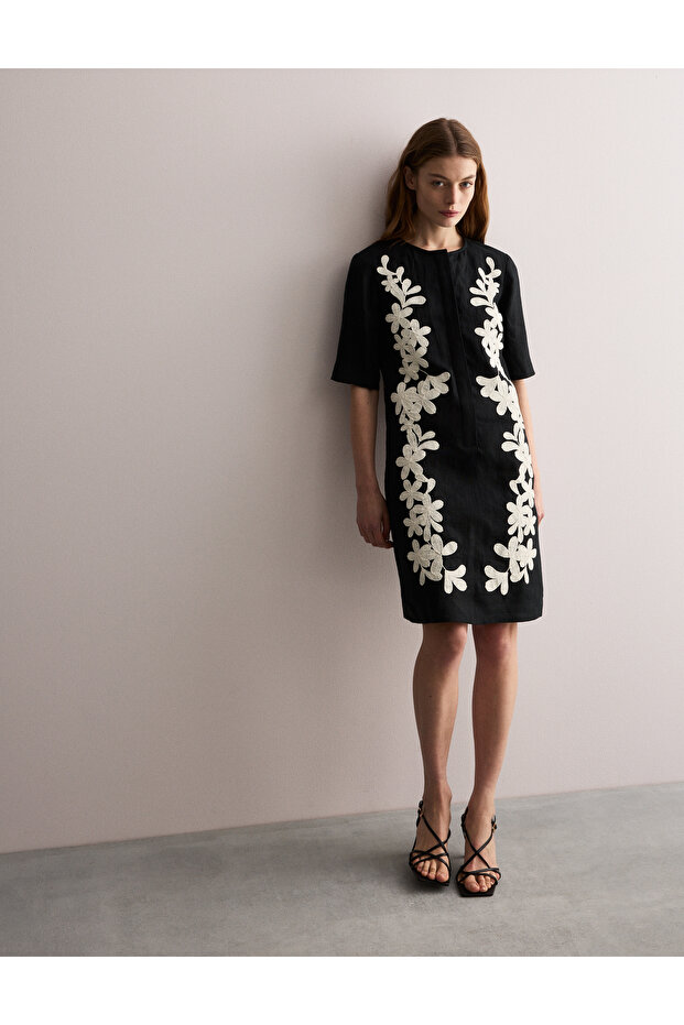 Saf Keten Nakışlı Mini Shift Elbise - 4