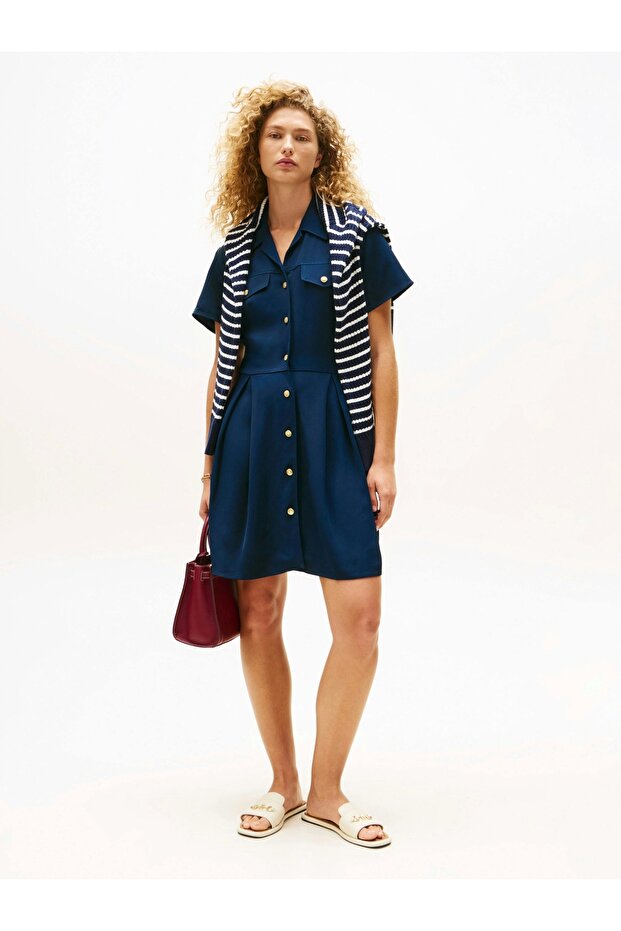 Női viszkóz twill rövid ujjú, kiszélesedő mini kék ruha WW0WW45819C1G - 1