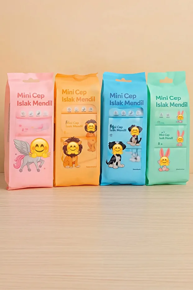 24 Adet Sevimli Figürlü Mini Islak Cep Mendili Panda Zebra Fil Zürafa Renkli Tasarım Cep Mendili - 3