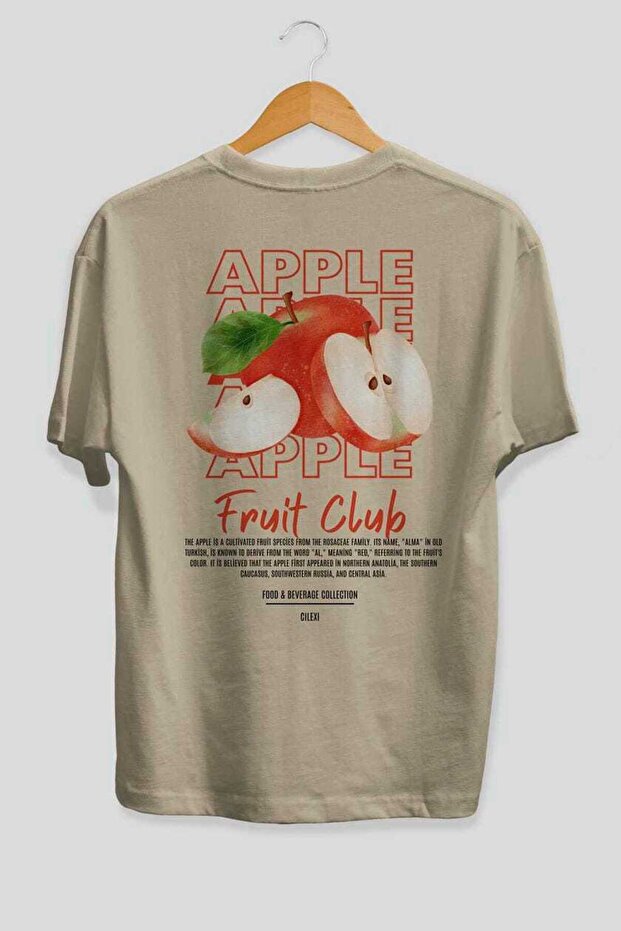 Apple Back Printed Beige Oversize T-Shirt Men Women Cotton Crew Neck Tshirt