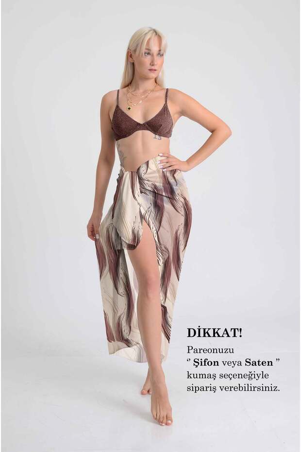 Brown Brush Patterned Pareo | Burgundy Flows on Cream Floor | 100X145Cm | Silky Chiffon Fabric
