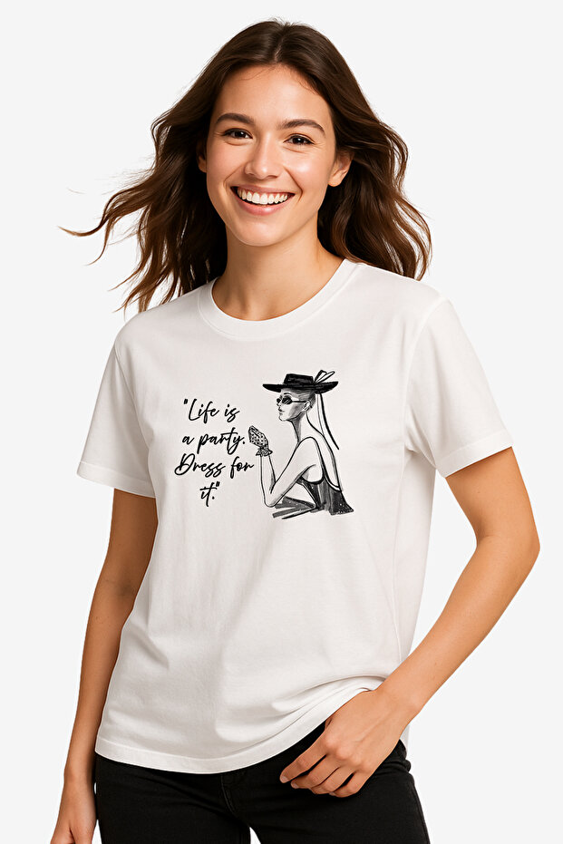 Life Is a Party Printed Women's White T-Shirt – Relaxed Fit, Short Sleeve