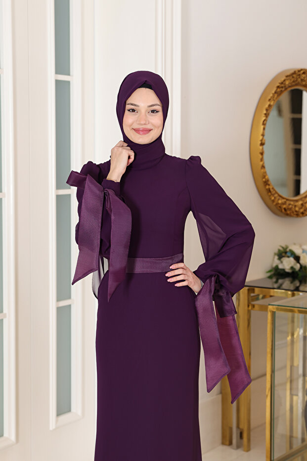 Stylish Chiffon Belted (Removable) Hijab Evening Dress Turquoise