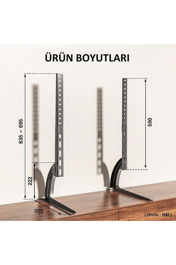 Ayarlanabilir Yükseklikli TV Ayak Standı 32-75 İnç Uyumlu 50 kg Taşıma Metal Siyah Ayaklık - 7