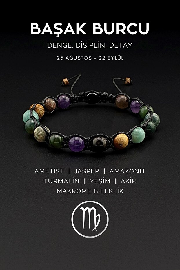 Handmade Virgo Macrame Bracelet – Jade, Amazonite, Jasper, Amethyst, Agate and Tourmaline Stone