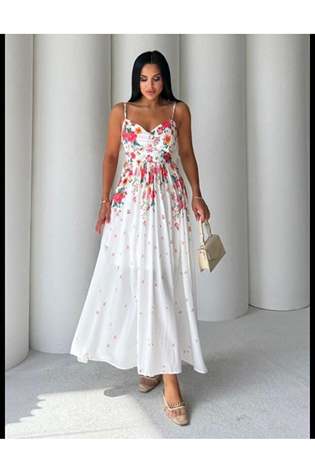 Women's Tie Strap Detailed Floral Lined Knee Length Midi Dress