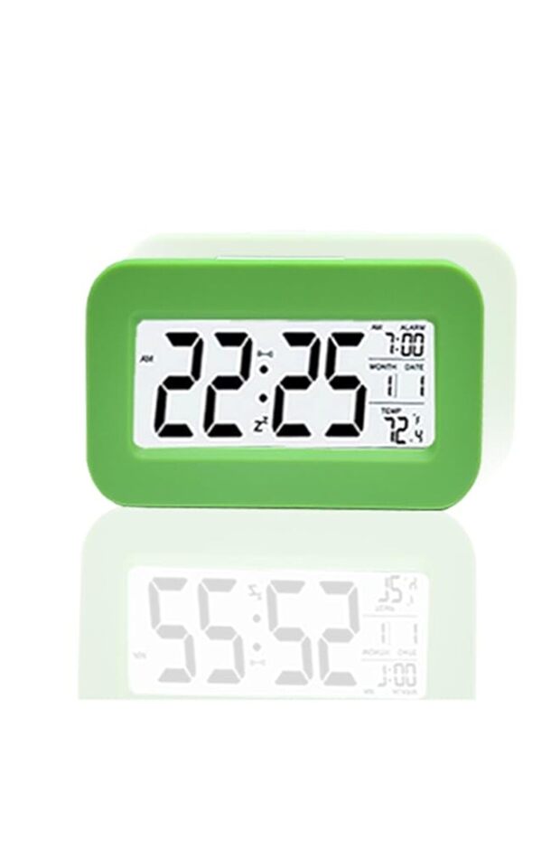 Digital Alarm Clock with LED Display, Date and Temperature, Smart Sensor Night Light, Battery Operated (Green)