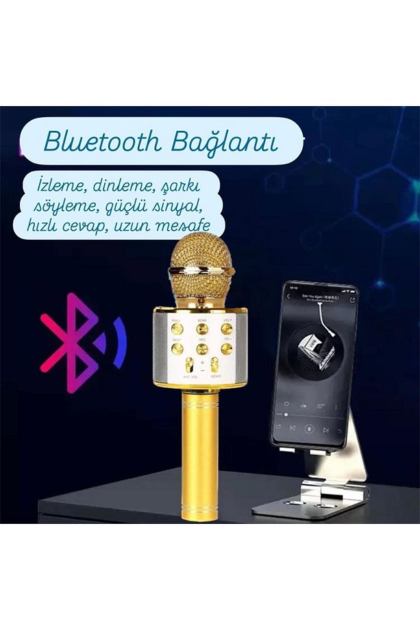 Türkçe Seslendirme Kareoke Mikrofonu Bluetooth Mikrofon Bluetooth Speaker Hoparlör Aux-Tf-Usb Giriş - 3