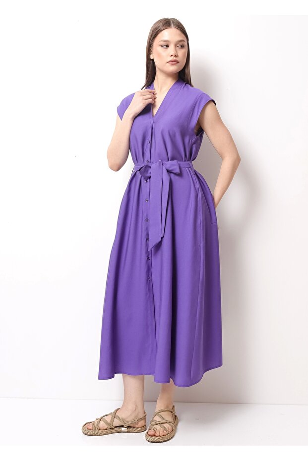 Şık Yazlık Bel Bağcıklı Mor Kadın Midi Elbise - 3