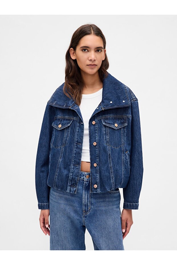 Kadın Mavi Denim Oversized Bubble Ceket - 1