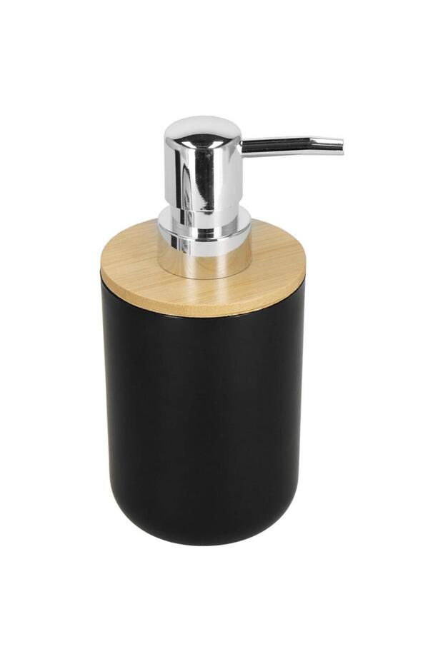 Round plastic bathroom accessory set with bamboo elements, 6 pieces, black - 6