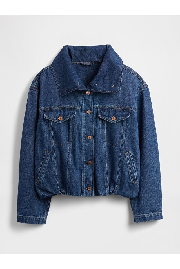 Kadın Mavi Denim Oversized Bubble Ceket - 2