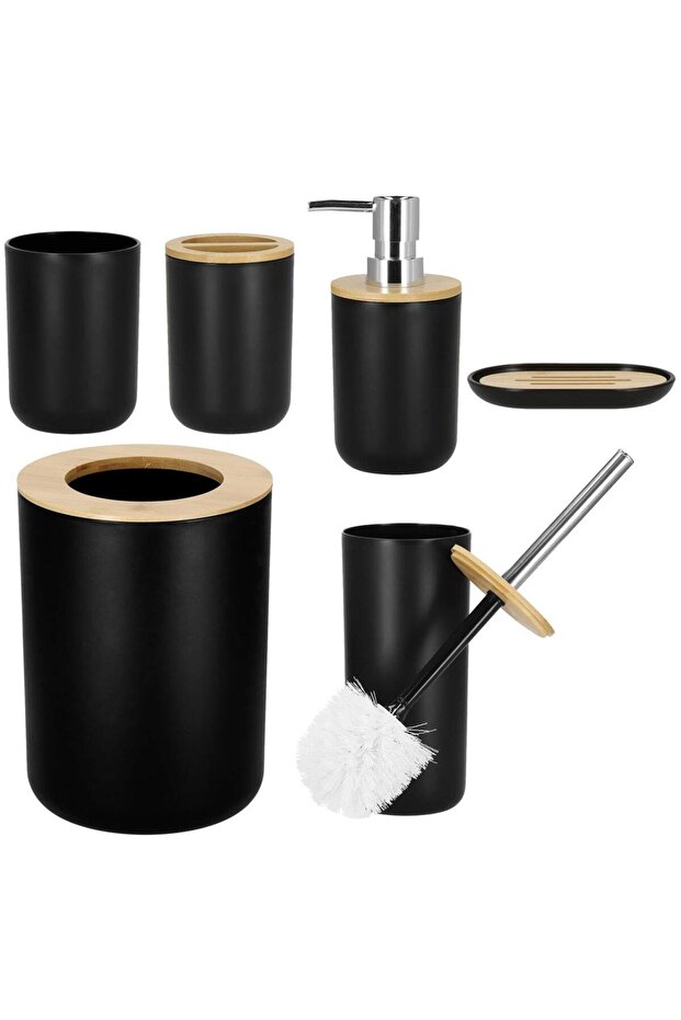 Round plastic bathroom accessory set with bamboo elements, 6 pieces, black - 7