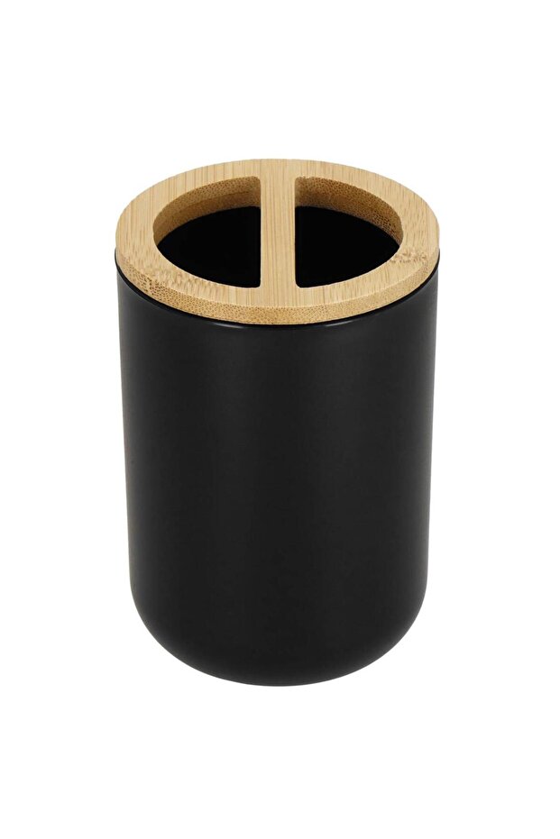 Round plastic bathroom accessory set with bamboo elements, 6 pieces, black - 4