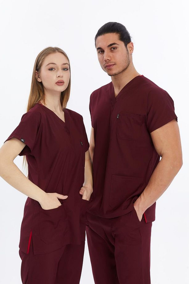 Happiness Basic - Likralı Doktor Hemşire Scrubs Tek Üst Cerrahi Forma (UNISEX), Bordo - 1