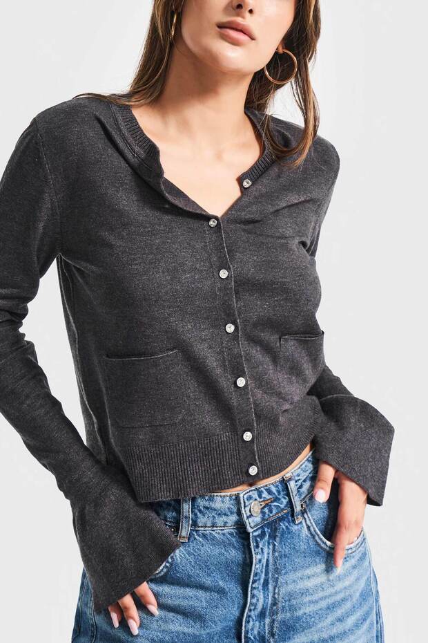 Kadın Antrasit Renk w5-45 Volanlı Kol Önü Cepli Düğmeli Viskon Karışımlı Triko Hırka - 3