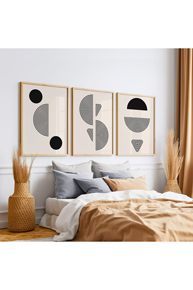 Geometrik Soyut Ahşap Çerçeveli 3'lü Poster Tablo Seti | Modern Stil Minimal Duvar Dekoru - 1
