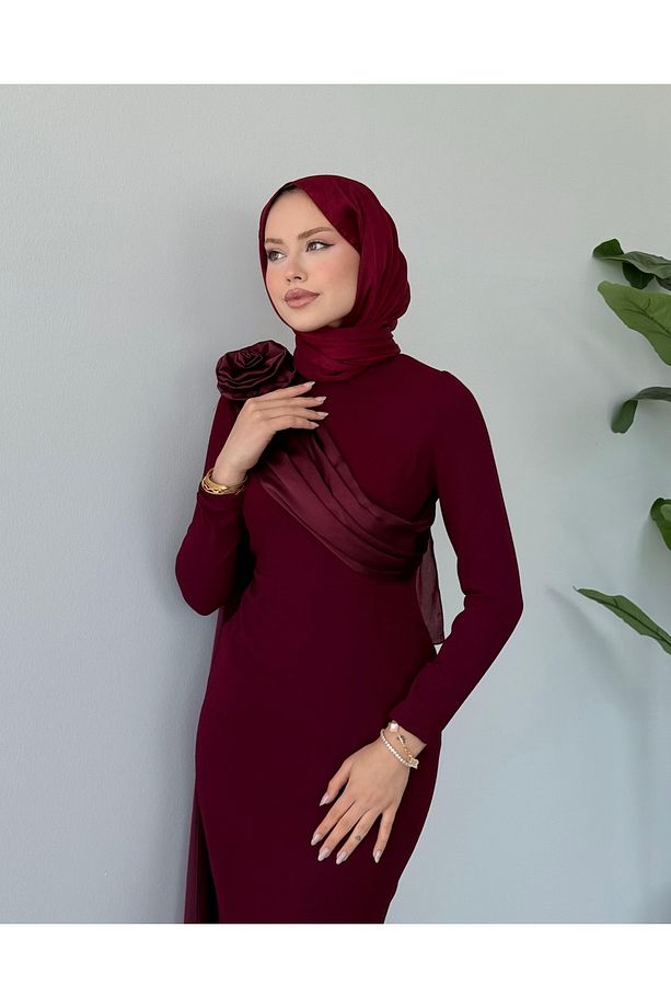 Tasarım Tek Omuzu Saten Gül Detaylı Abiye Dar Kalıp - 2