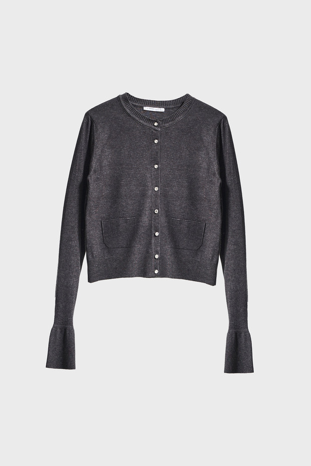 Kadın Antrasit Renk w5-45 Volanlı Kol Önü Cepli Düğmeli Viskon Karışımlı Triko Hırka - 1