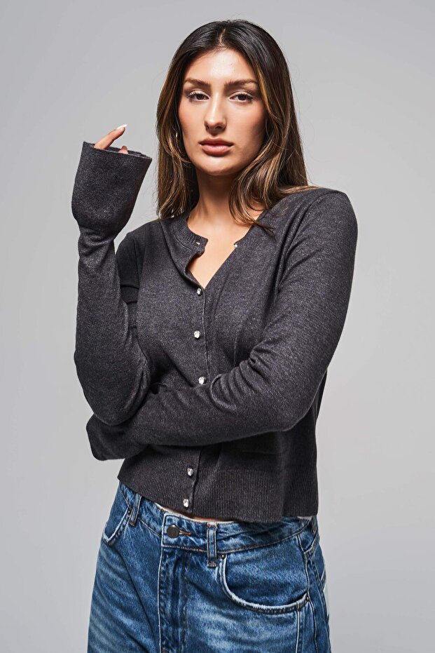 Kadın Antrasit Renk w5-45 Volanlı Kol Önü Cepli Düğmeli Viskon Karışımlı Triko Hırka - 5