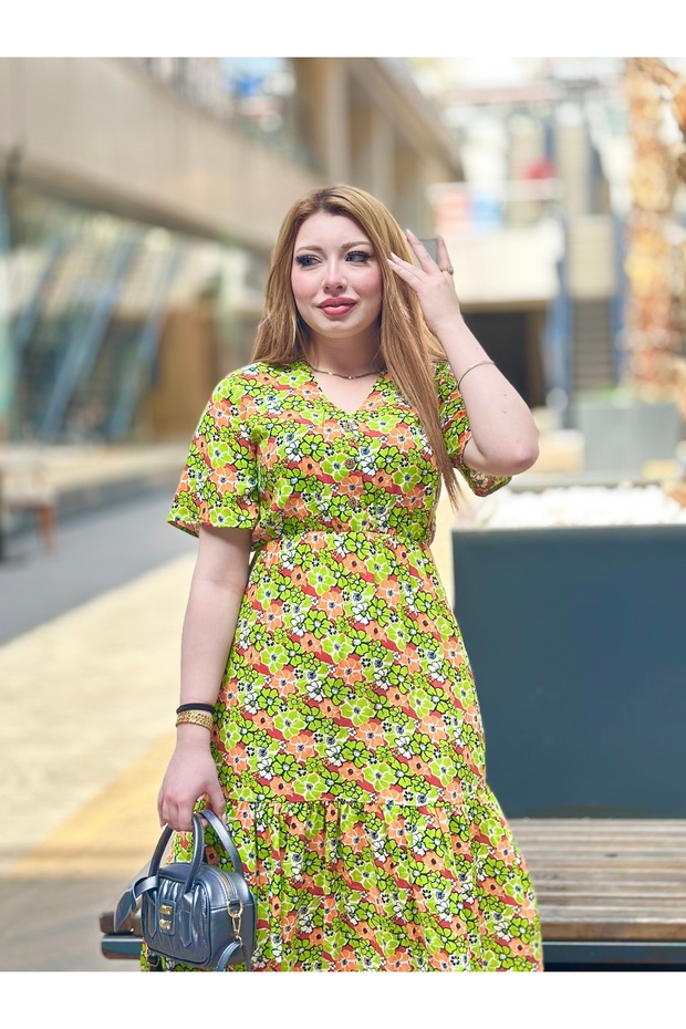 Çiçek Desenli Yeni Sezon Midiboy Elbise %100 Pamuk Elbise - 3