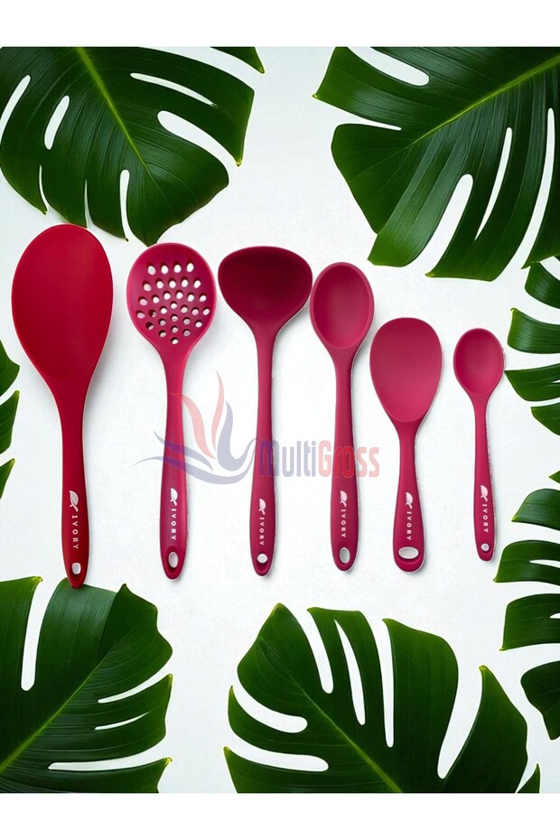 Ivory Heat Resistant Silicone Colander Ladle Spatula Spoon Set (30-28-22-20 cm) 6 Pieces