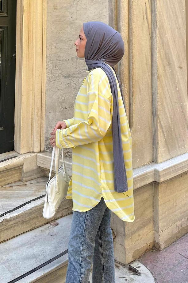 Oversize Çizgi Detaylı Gömlek Sarı - 2