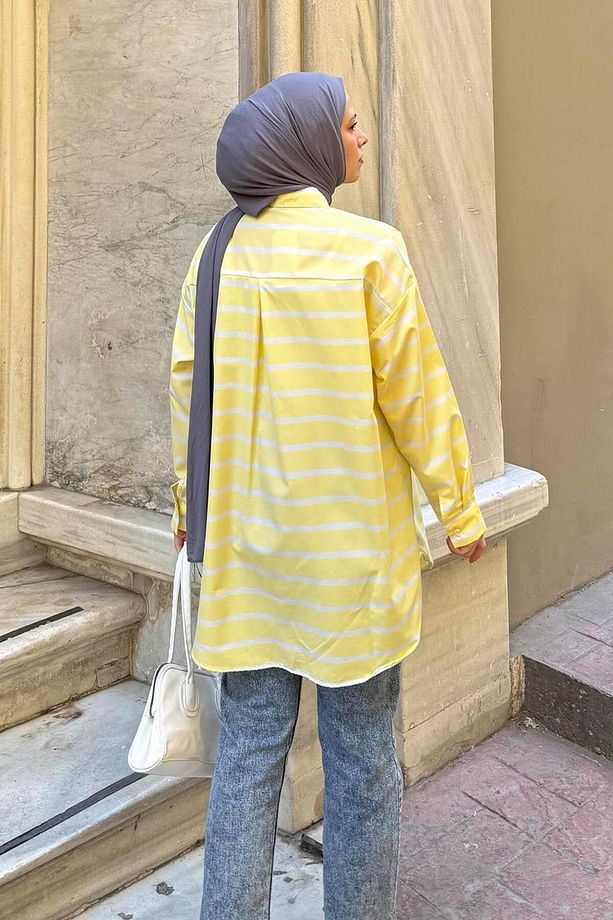 Oversize Çizgi Detaylı Gömlek Sarı - 4