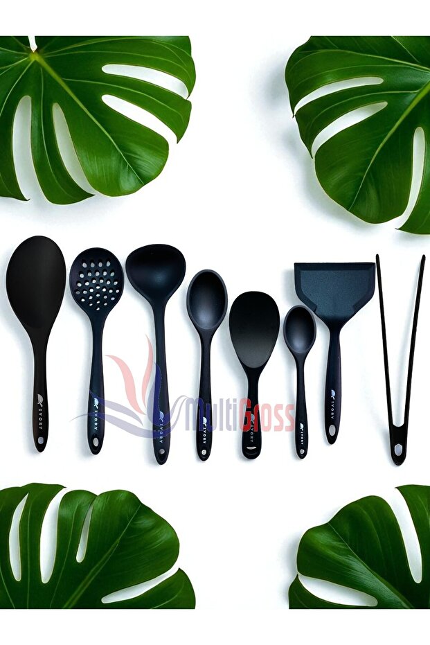 Ivory Heat Resistant Silicone Colander, Ladle, Spatula, Spoon, Tongs Set (30-28-22-20 cm) 8 Pieces