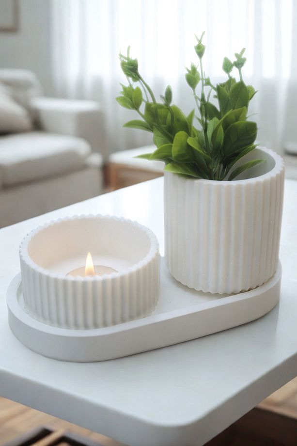 Dekoratif 3’lü Set Küçük Saksı + Tealight Mumluk + Tepsi Modern Ev & Masa Üstü Dekoru - 2