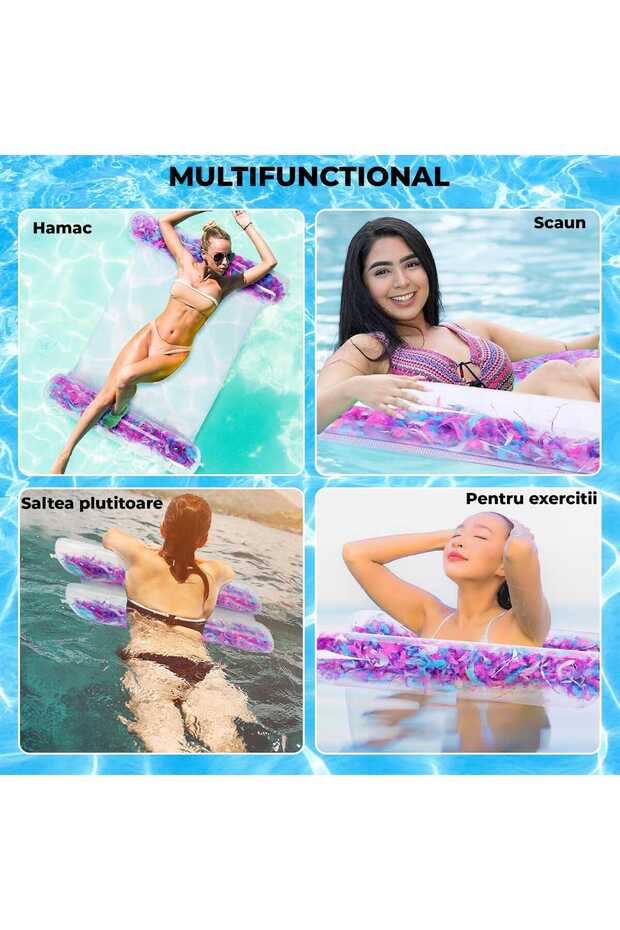 Transparent Pool Float with Mesh and Feathers, Multifunctional Inflatable Hammock for Adults, Modern - 4