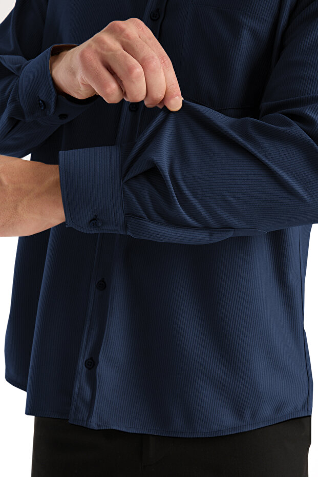 Men's Shirt Navy Blue Lycra Long Sleeve Pocket Comfortable Fit Loose Draped Cotton Daily Stylish Model