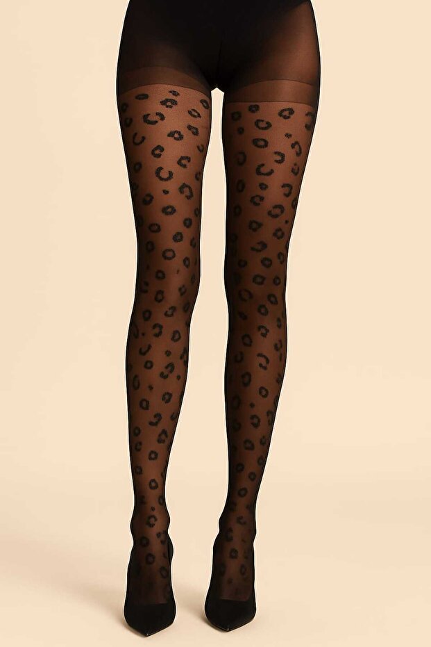 Leopard Black Patterned Pantyhose - Leopard Black Patterned Tights - 1