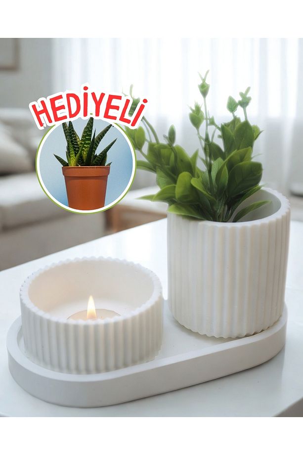 Dekoratif 3’lü Set Küçük Saksı + Tealight Mumluk + Tepsi Modern Ev & Masa Üstü Dekoru - 1