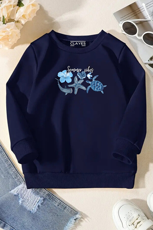 Unisex Navy Blue Kids Crew Neck Sweatshirt – Summer Vibes, Printed Thick Fabric