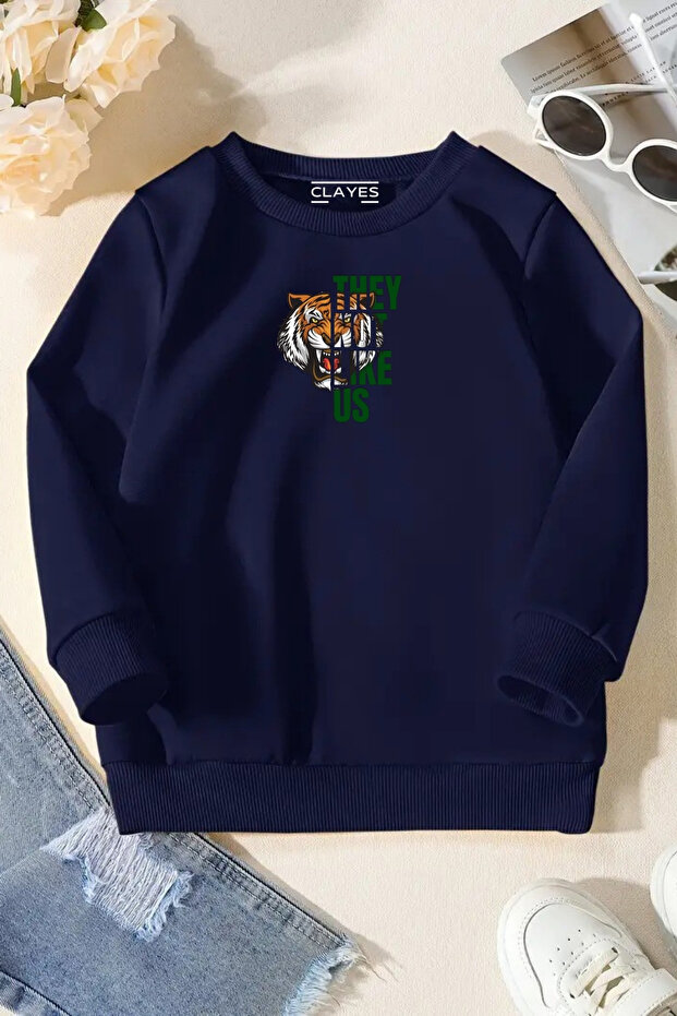Unisex Navy Blue Kids Crew Neck Sweatshirt – Tiger, Printed Thick Fabric