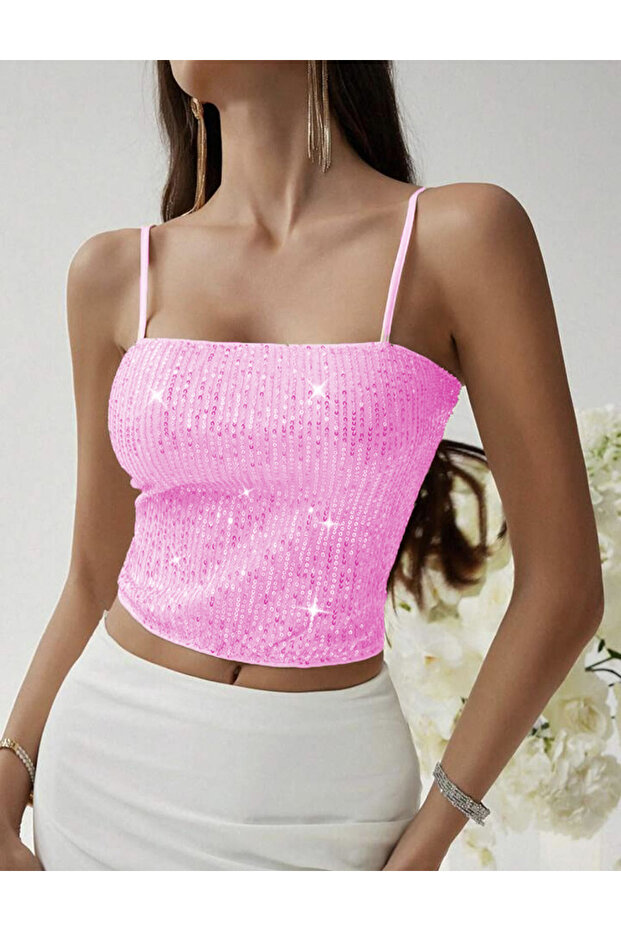Women's Straped Inner Lined Sequence Crop Top
