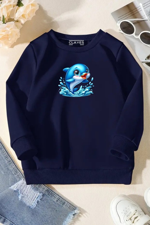 Unisex Navy Blue Kids Crew Neck Sweatshirt – Dolphin, Printed Hooded Thick Fabric