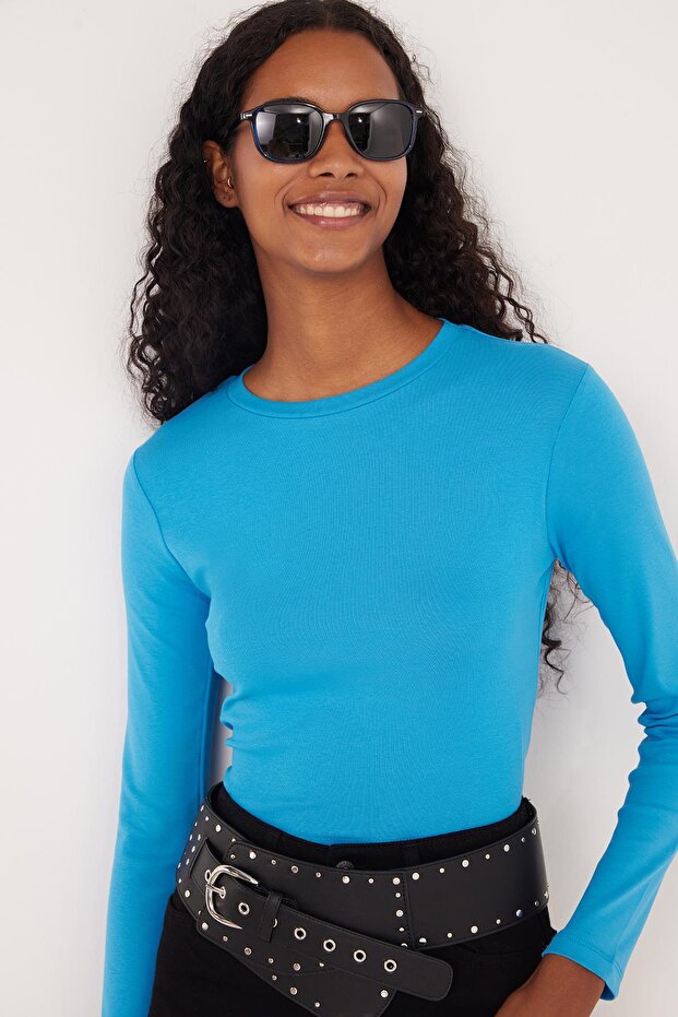 Women's Slim Fit Cotton Long Sleeve Plain Crew Neck Blue Blouse
