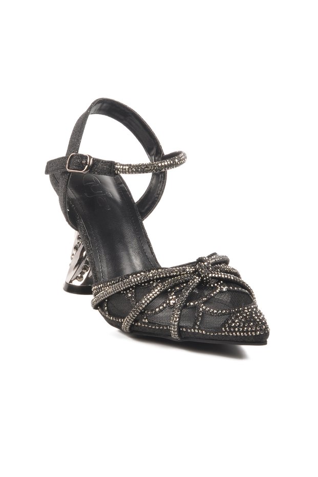 Black Thin Heeled Stone Embroidered Women's Evening Dress Shoes 25Y125-1 Z
