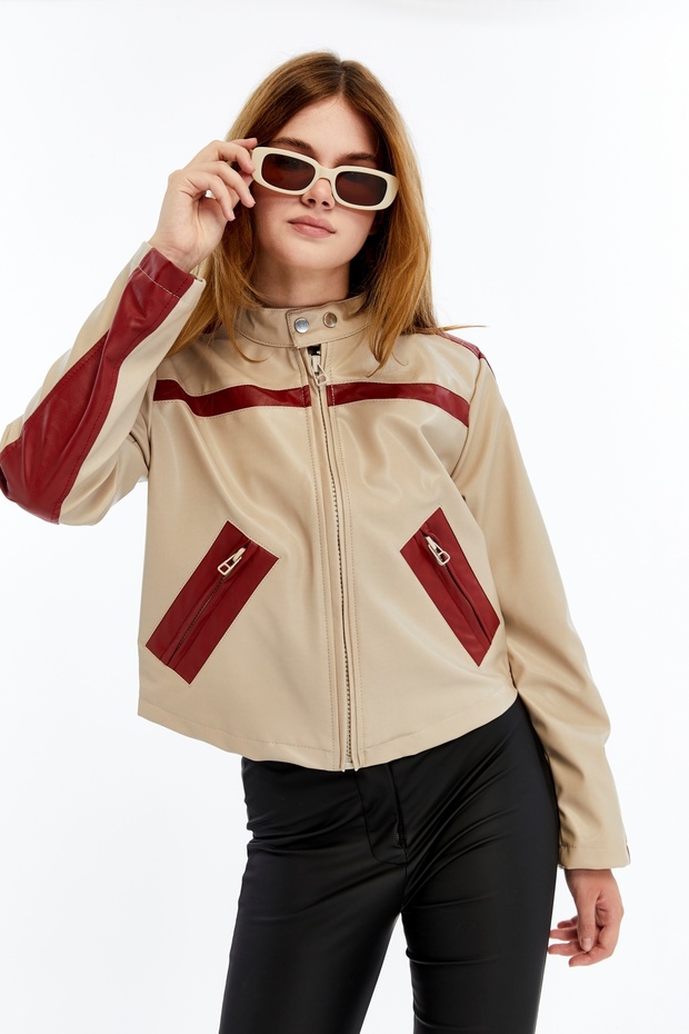 Women's Striped Leather Jacket Daily Use Niche Original Design Coats Standard Bomber Jacket with Zipper