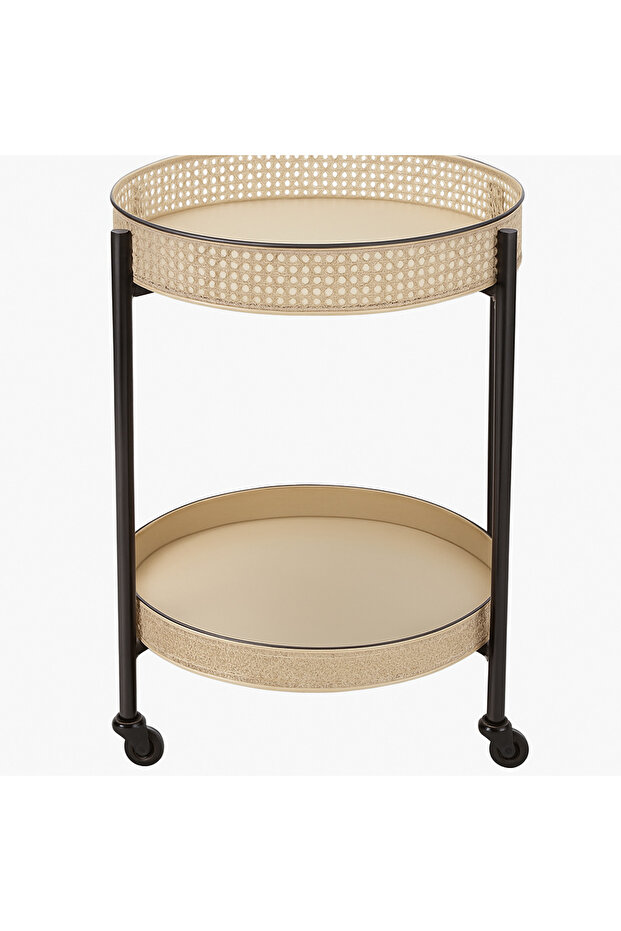 2-Tier Rattan Rolling Round Serving Cart – Elegant Wicker Tray Table with Wheels - 1