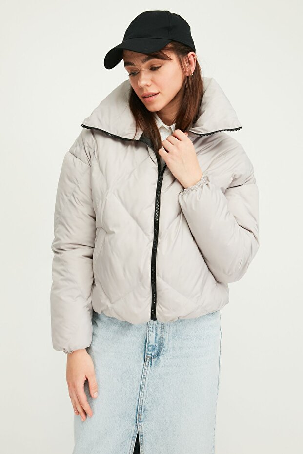 Women's Fiber Windproof Stand Collar Gray Inflatable Winter Coat