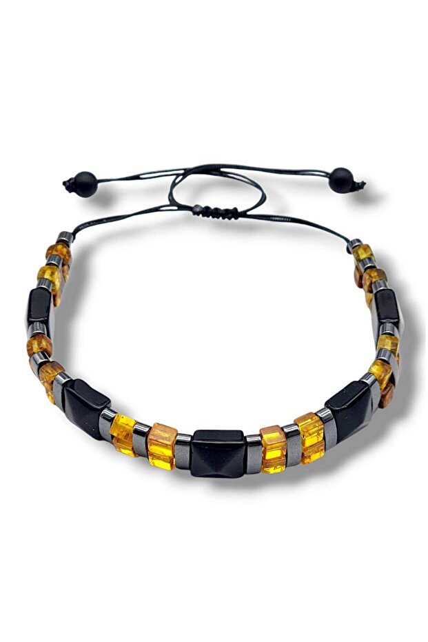 Onyx Natural Stone Baltic Drop Amber Bracelet