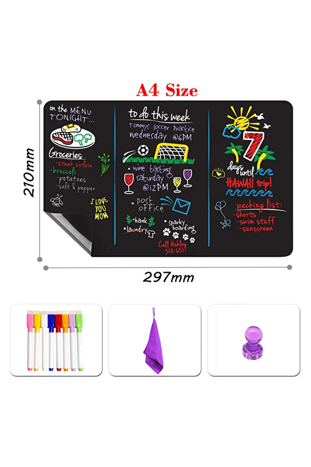A4-8Pen1Rag1T A4 Magnetic Blackboard for Kids - Dust-Free Chalkboard Fridge Sticker Bulletin Board W